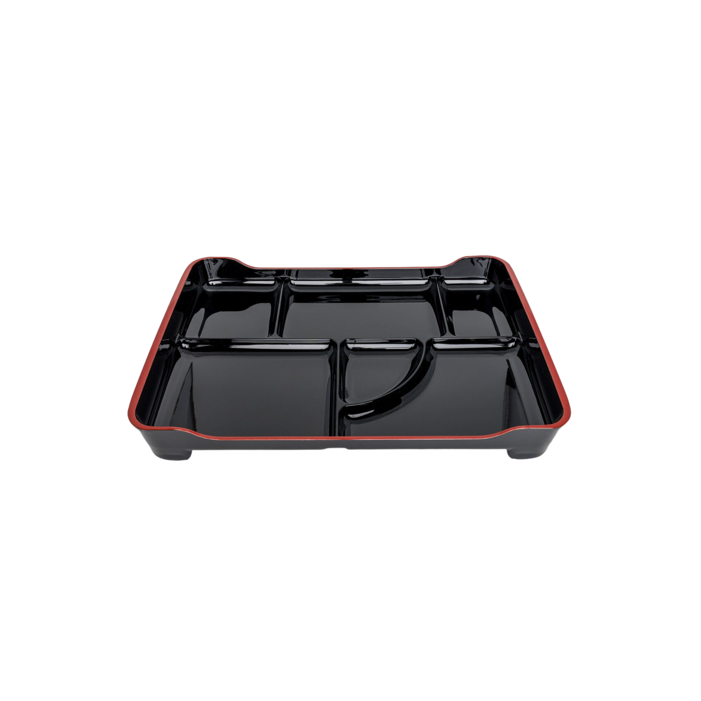 BENTO TRAY BLACK (5 COMPARTMENT W/ SAUCE WELL, STACKABLE) 14"L X 9.25"W X 2"H (5/40)