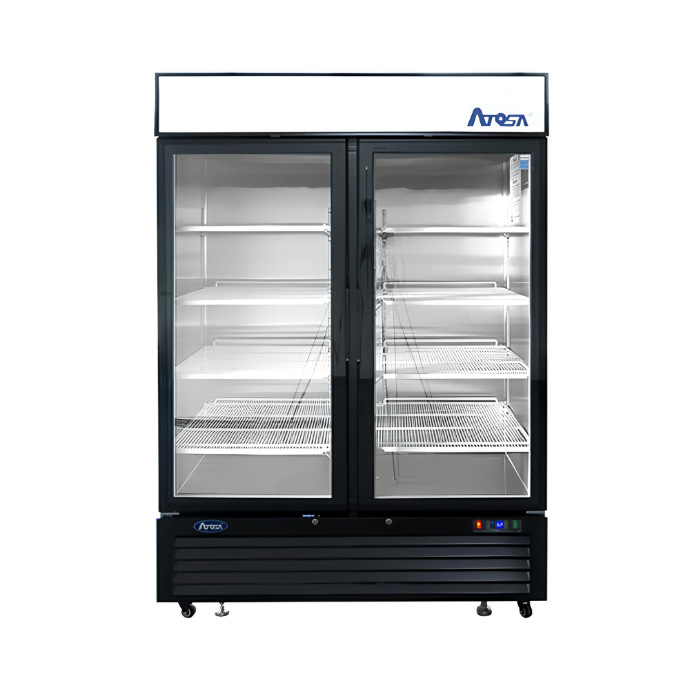 BLACK CABINET TWO GLASS DOOR MERCHANDISER FREEZER. BOTTOM MOUNT