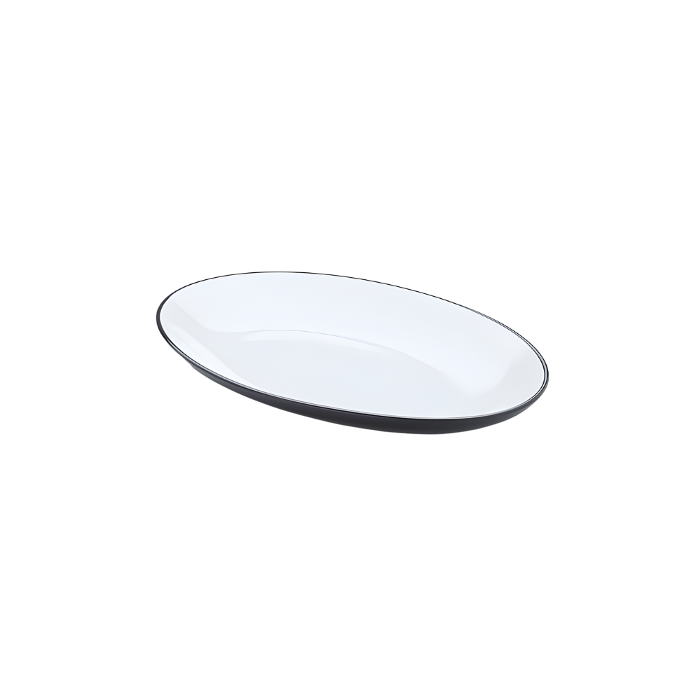 PLATTER, MEL, OVAL, BLACK/ WHITE, 18″ L 18" L X 12" W X 1-3/4" H
