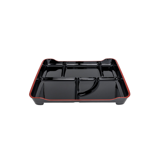 BENTO TRAY BLACK (5 COMPARTMENT W/ SAUCE WELL, STACKABLE) 14"L X 9.25"W X 2"H (5/40)