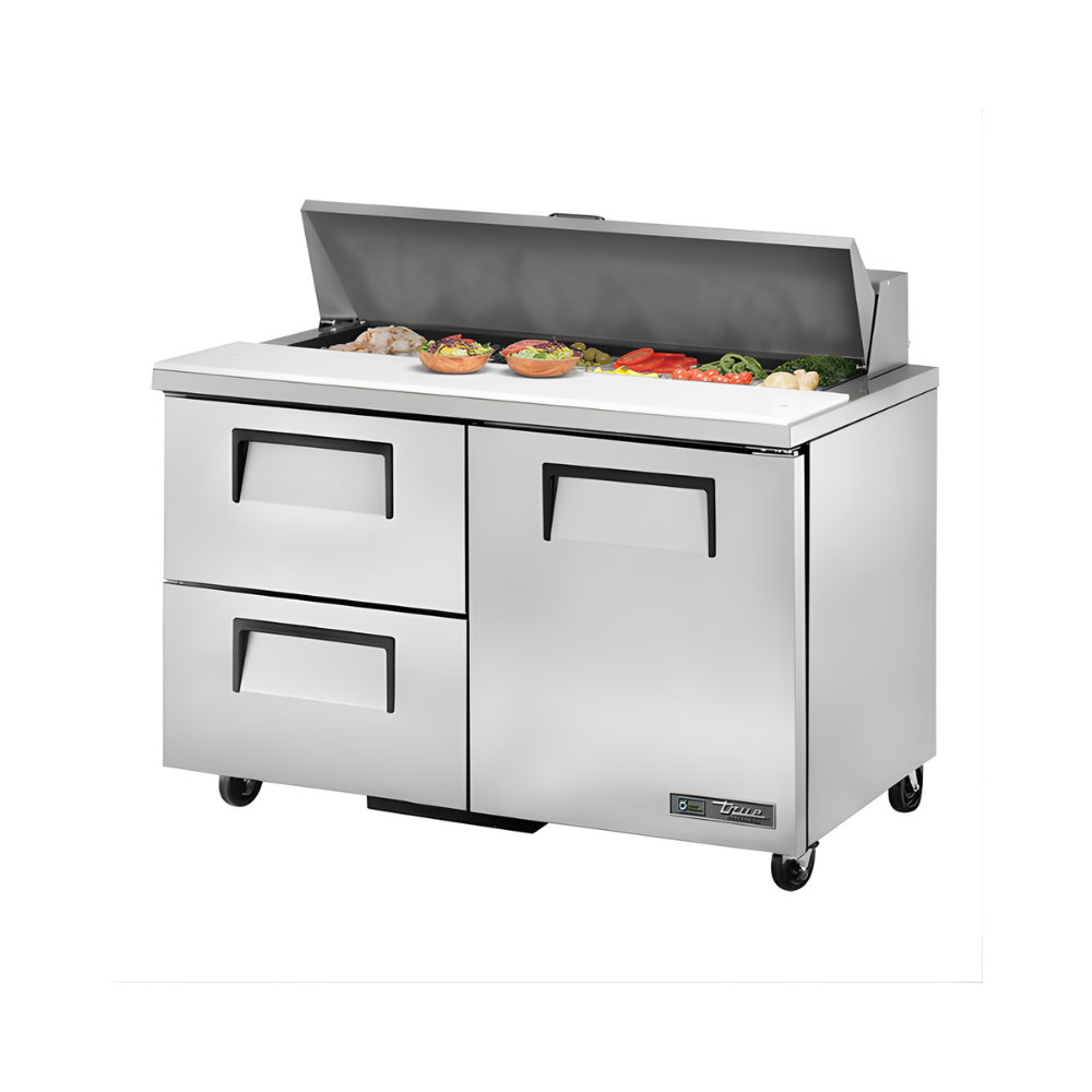 TABLE DE PRÉPARATION RÉFRIGÉRÉE 1 PORTE SOLIDE, 2 TIRROIRS, 12 PANS, 48.5"x30"x36.75"H