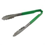 Utility Tongs, Stainless Steel, Green, 9"